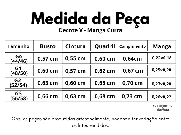 tabela de medida t-shirt decote v manga curta